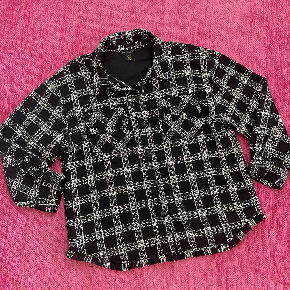 House Of Harlow 1960 Plaid Tweed Fringed Jacket Shacket Black White Size XL